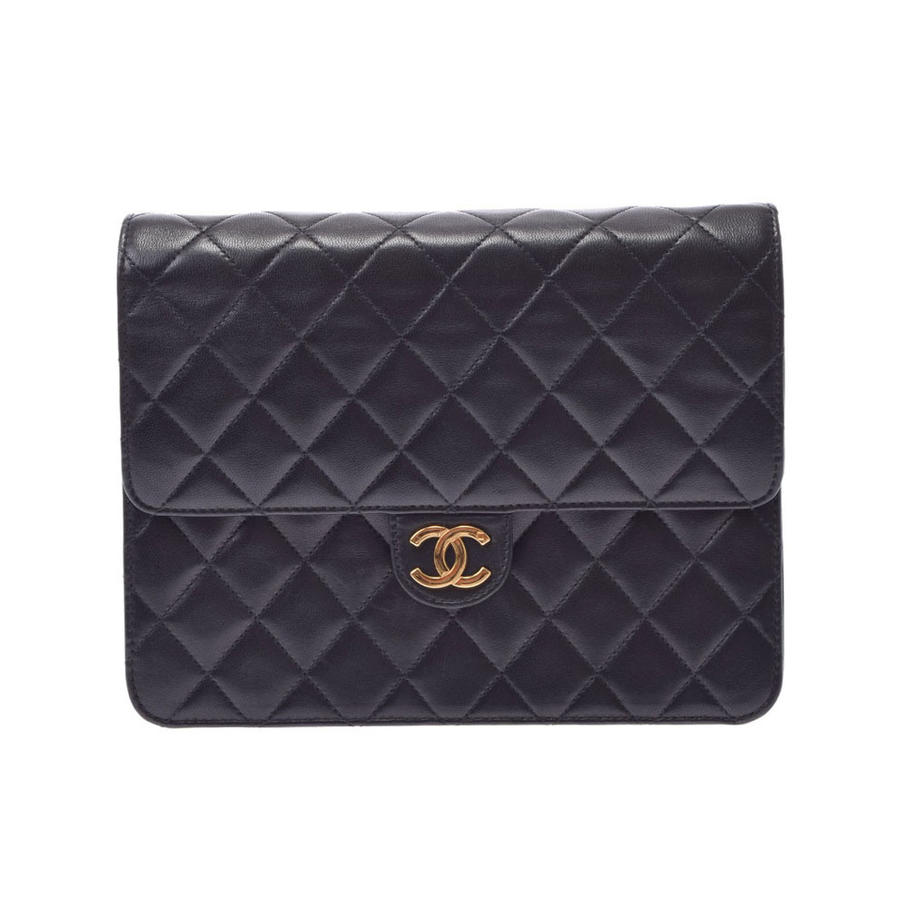 CHANEL Matelasse Chain Shoulder Bag Push Lock Black Lambskin